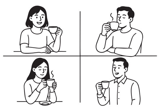 Vector graphic representation of two women and two men enjoying coffee moments, leisure theme, created in black and white style with defined outline.