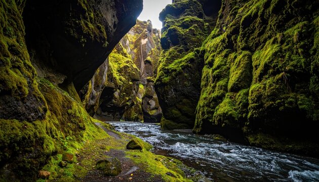 Mossy canyon floor with trickling rill cool shadows and isolated highlight accents representing lush microlandscape texture and quiet forest mood suitable for conservation stories travel essays 
