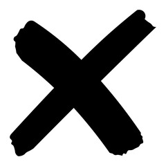 Obraz premium Black brush stroke cross icon, rough painted cancel symbol, grunge wrong and error mark in hand-drawn artistic style for alerts, UI, and digital graphics