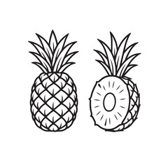 Fototapeta premium Vector drawing showing a complete pineapple beside another cut in half, rendered in simple monochrome black and white with clear black outline.