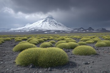 Vast, barren landscape with vibrant yellow-green tufts of vegetation clustered around a snow-capped volcano