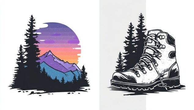 Two graphic designs mountain sunset scene & hiking boot - Powered by Adobe