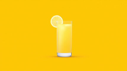 Fresh orange juice in clear glass with lemon slice on rim, bright yellow background.