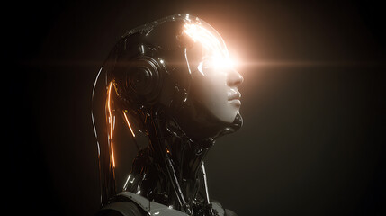 Profile view of a humanoid robot with illuminated face and mechanical features against a dark background