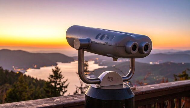 Scenic Viewpoint Binoculars Overlooking Lake at Sunset.