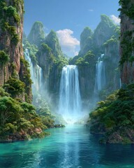 Fototapeta premium Lush, vibrant tropical valley with towering cliffs framing a cascading waterfall into a serene turquoise pool