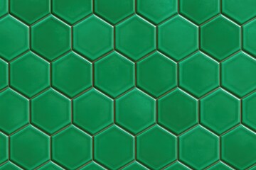 Fototapeta premium Glossy emerald-green hexagonal ceramic tiles form a seamless honeycomb wall, perfect for modern bathrooms, kitchens, pools and stylish interior or graphic design backdrops.