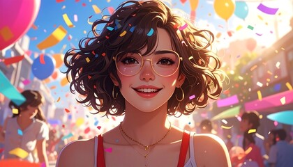 Cheerful girl in glasses at a festival