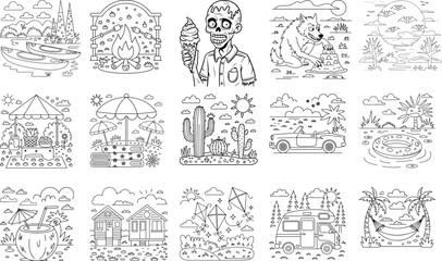 Whimsical line art illustrations featuring a charming blend of summer and spooky themes perfect for coloring pages isolated on white background