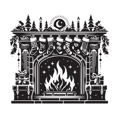Black Fireplace with stockings Silhouette Vector, High Quality Illustration on White Background