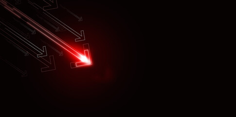 Glowing square edge red arrows pointing down on dark background, symbolizing stock crash, business loss, economic decline, and financial crisis in modern technology concept.