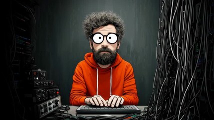 Animated character with glasses and beard, wearing an orange hoodie, is focused on typing at a keyboard surrounded by tangled wires and audio equipment, illustrating a creative tech workspace environm