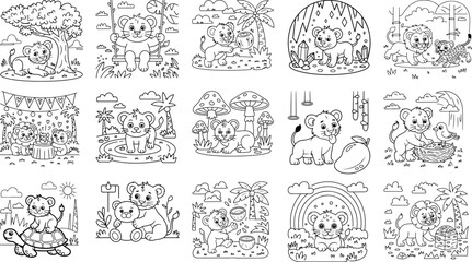 Adorable lion cub roaming through a lush jungle scene with tropical foliage and flowers perfect for children s coloring pages and educational content isolated on white background