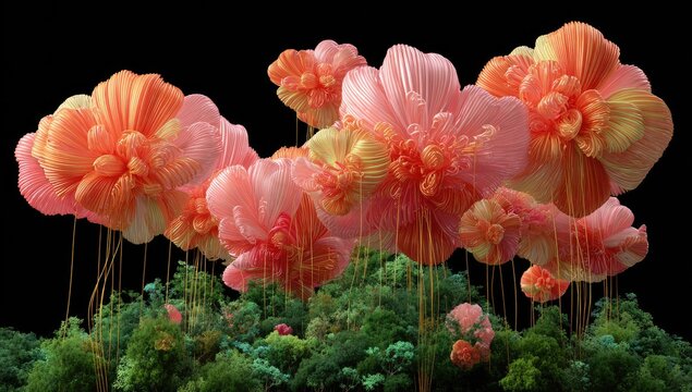 A cluster of large, vibrant coral and peach stylized flowers on thin stems, rising from a dense, miniature green landscape against a black background