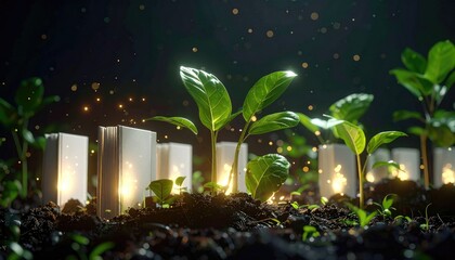 Seedlings grow among glowing books in rich soil, surrounded by sparkling lights against a dark backdrop, symbolizing knowledge and growth