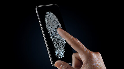 A hand using fingerprint scanning on a smartphone screen with a digital fingerprint display