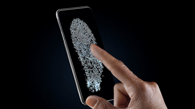 A hand using fingerprint scanning on a smartphone screen with a digital fingerprint display - Powered by Adobe