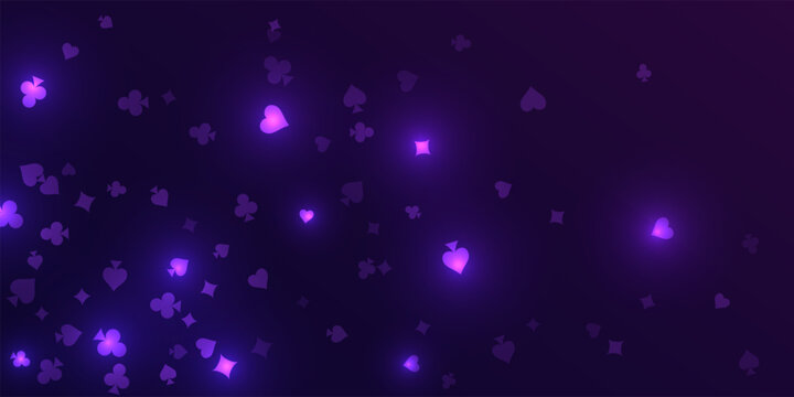Casino background. Flying purple glowing playing cards on black background. Sparkling hearts, clubs, diamonds and spades on dark. Online gambling concept. VIP abstract vector illustration.