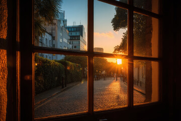 Fototapeta premium cozy window view overlooking tranquil evening street scene where warmth fills air