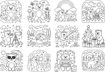 Obraz premium Charming collection of adorable teddy bears engaged in diverse activities and seasonal themes presented as clean line art illustrations isolated on white background