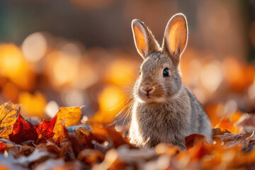 Fototapeta premium Cute rabbit in tree leafs in autumn park