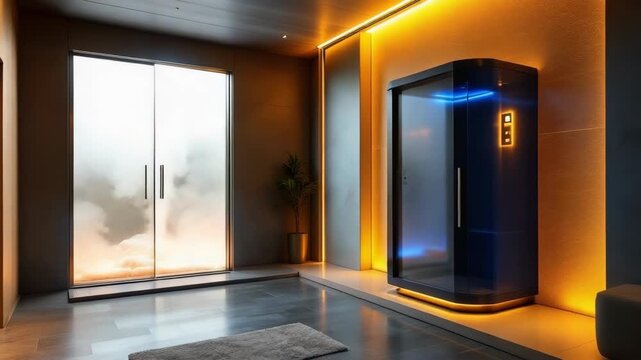 State of the art electric cryotherapy chamber in a modern wellness center promoting advanced physical recovery and health