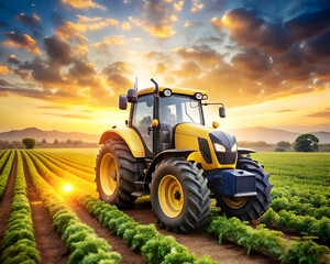 Fototapeta premium Majestic Sunset over Agricultural Field with Tractor
