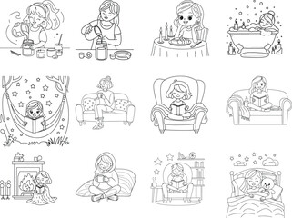 Charming illustration of a girl and woman enjoying cozy activities and relaxation perfect for coloring pages isolated on white background