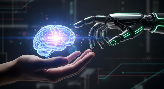 Humanity and AI: Digital brain in human hand near robot arm for future technology