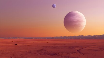 Celestial Sunset on Alien Planet: An ethereal vista unveils an otherworldly sunset, with a vibrant gradient of orange hues illuminating the desolate expanse of an alien planet.