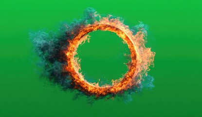 Fiery ring of fire and smoke on green screen