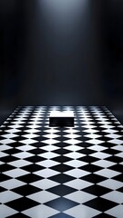 A minimalist scene featuring a dark rectangular product stand centered on a dramatic black and white checkered floor in a dimly lit studio space. Stage for product