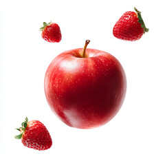 apple and strawberries on white background