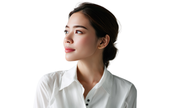 Serene contemplation: A portrait of a graceful woman, exuding a sense of calm and inner peace, as she gazes thoughtfully into the distance, embodying poise and confidence.