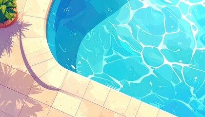 A serene illustration of a swimming pool, its clear water reflecting sunlight, sits beside tiled borders and a potted plant