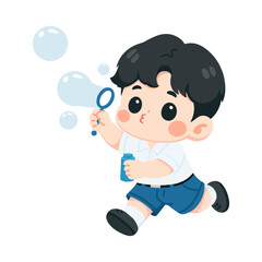 Cartoon Boy Blowing Soap Bubbles Illustration