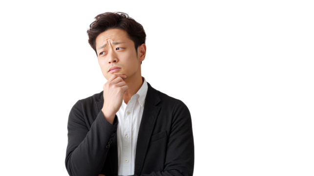 Deep Contemplation: A person of Asian descent, dressed in professional attire, thoughtfully ponders a complex matter, their hand resting on their chin in a moment of introspection. - Powered by Adobe