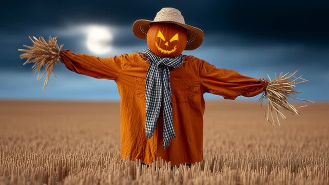 Scarecrow with a carved pumpkin head stands in a golden wheat field, arms outstretched, under a dramatic sky, showcasing the essence of autumn harvest and seasonal change in a captivating scene