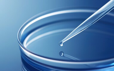 Close-up of pipette with drop on tip over blue liquid in petri dish laboratory science research experiment technology concept