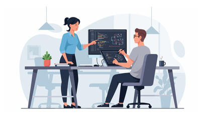 Two Programmers Working Together: A Woman and a Man Collaborating on Code and UI/UX Design at a Desk in a Modern Office, Using Multiple Monitors and a Graphics Tablet