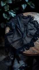 A moody, dark scene featuring a round rustic wooden table partially draped with black sheer lace fabric. Shadowy green foliage in the background