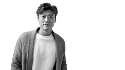 Confident Individual: A sophisticated man exudes confidence in a striking grayscale portrait. The portrait embodies a sense of understated elegance, power, and composure.