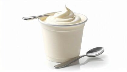 A swirl of yogurt—white cup, metal spoon upright—rests in chilled stillness. A metaphor for edible purity and the choreography of quiet indulgence.