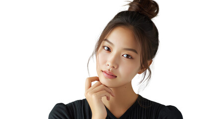 Confident Reflection: A stunning portrait of a thoughtful woman, radiating natural beauty, her poised expression conveying a sense of intelligence and composure.