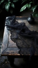 Reflective black marble counter next to a snowy brick wall with a blurred background showing a city sidewalk and light poles during a cold, dark winter day
