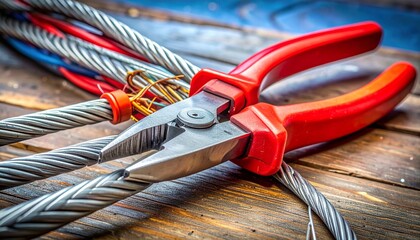 Wire cutters—red-handled, mid-slice through steel—rest on wood. A metaphor for decisive rupture and the choreography of mechanical resolve.