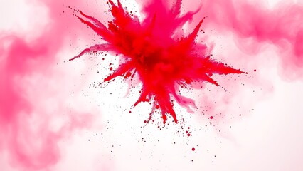 A vibrant explosion of red powder suspended in mid-air, capturing dynamic energy and movement.

