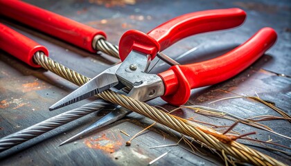 Wire cutters—red-handled, mid-slice through steel—rest on wood. A metaphor for decisive rupture and the choreography of mechanical resolve.