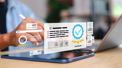 Business work and Assessment for the certificate concept, online survey exam and choose the right answer in the exam international standard certification of product