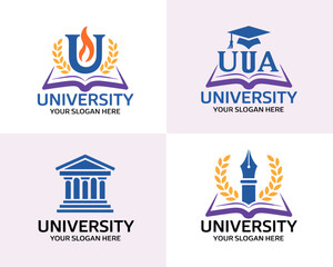 Fototapeta premium Collection of university logos with open books, graduation caps, and architectural elements.